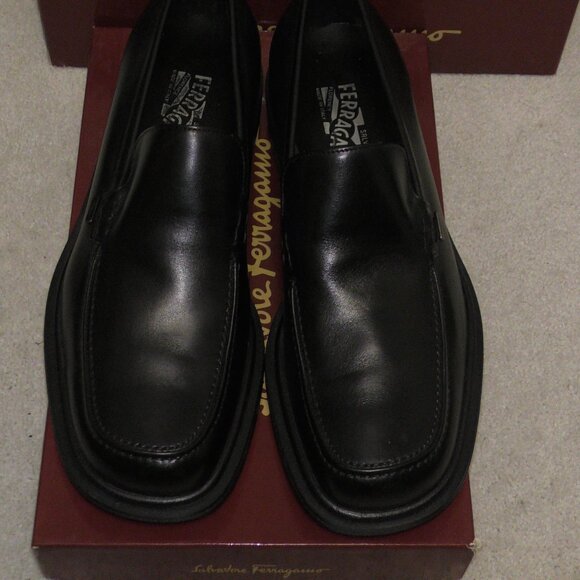 Vintage Salvatore Ferragamo Black Calf Leather Square Toe Loafers Mens 10.5 D